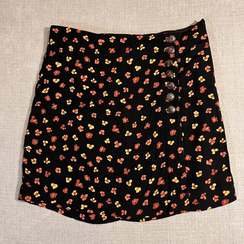 Madewell Black Floral Print‎ Button Front A-Line Mini Skirt Size 6